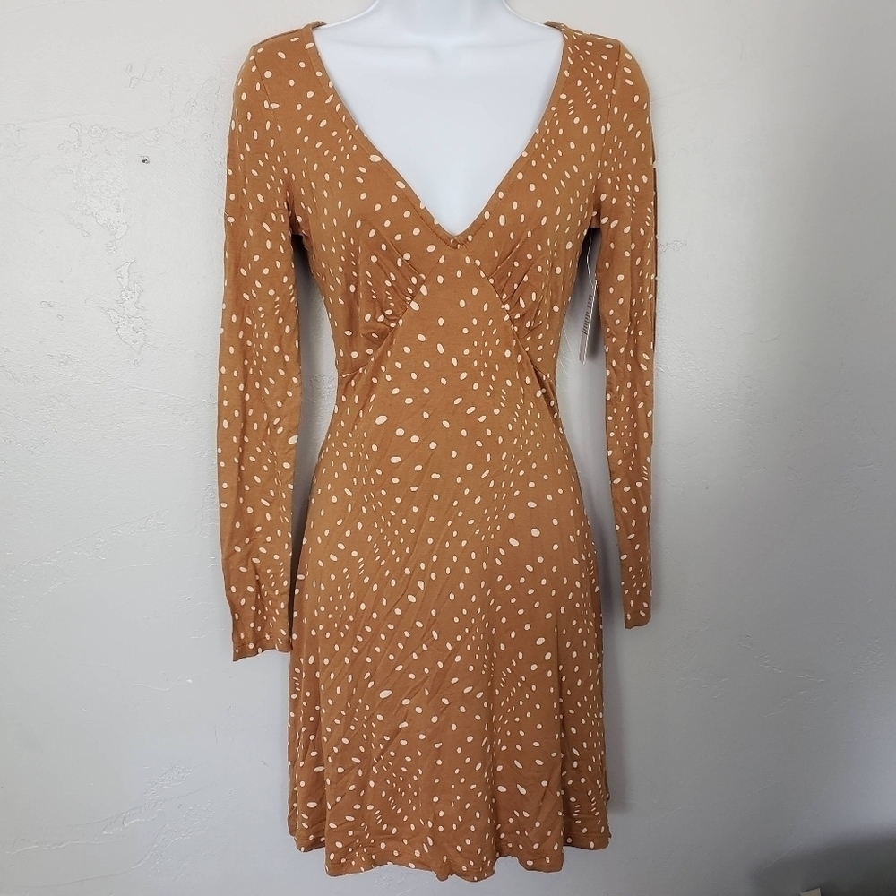 BP. NWT Women's XS Golden Mustard Long Sleeve Dress Polka Dot V-neck Knee Length